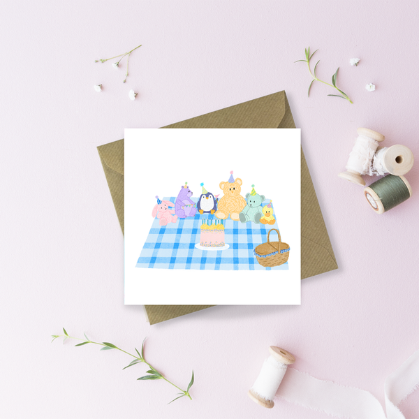 Teddy Picnic Birthday Party Greetings Card: No Packaging / Colourful Animals