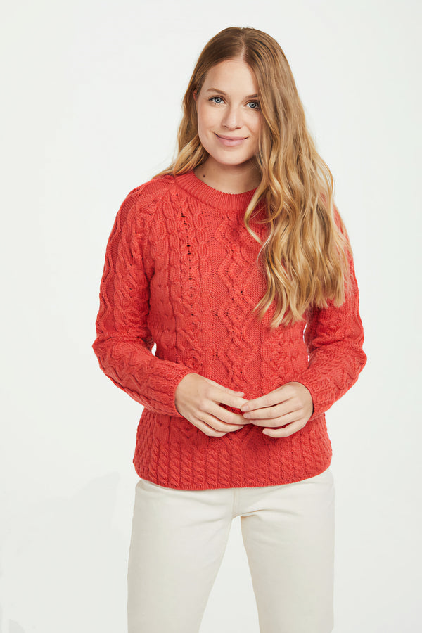Aran Woollen Mills Supersoft Merino Aran Sweater with Raglan Sleeve. Coral