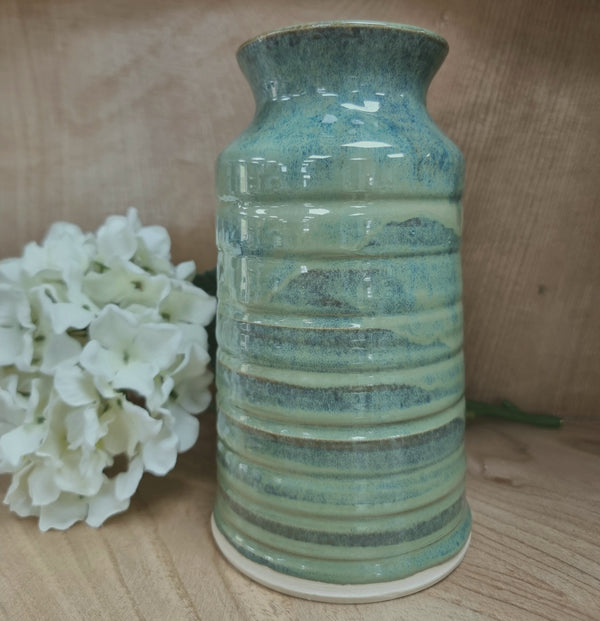 CH Pottery Vase Creamery Can Neck In Green, Brown & Hint Of Blue