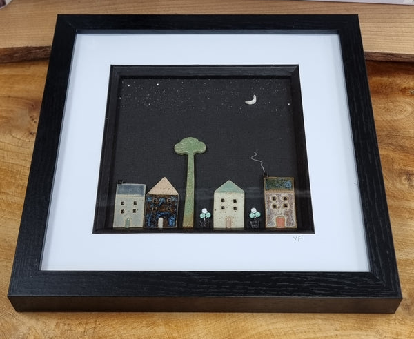 Yvonne Fleming Pottery Houses in Black Frame Medium Night Sky