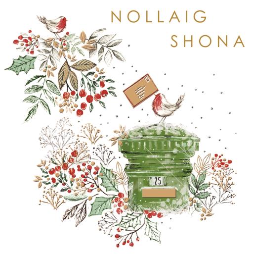 Nollaig Shona. Robin with post-box, AWARE Charity Christmas Cards