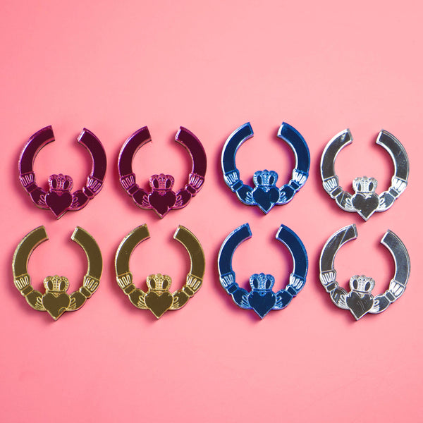 Colourful Mini Claddagh Ring Earrings: Silver