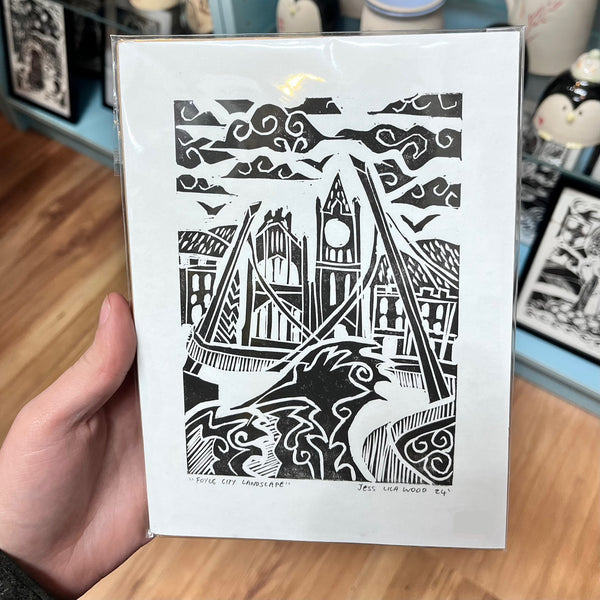 Jess Lila Wood Illustration. Lino Prints 'Foyle City Landscape'