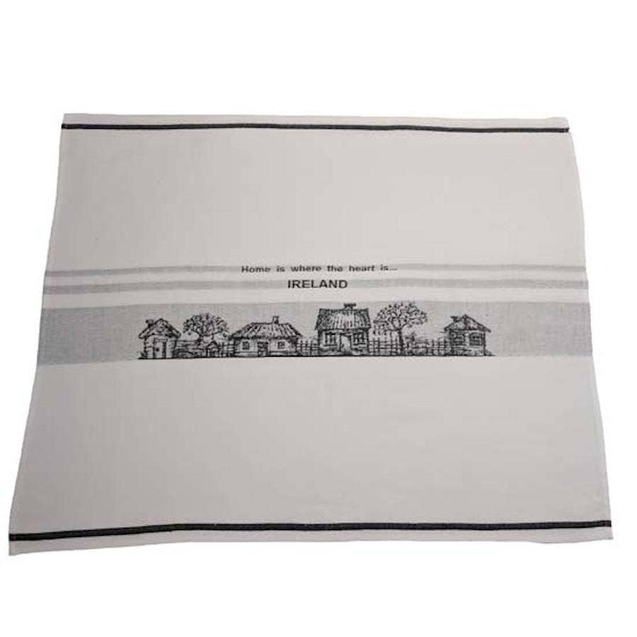 Irish Linen Gift Tea Towel: Black Stripe - Home is where the heart is