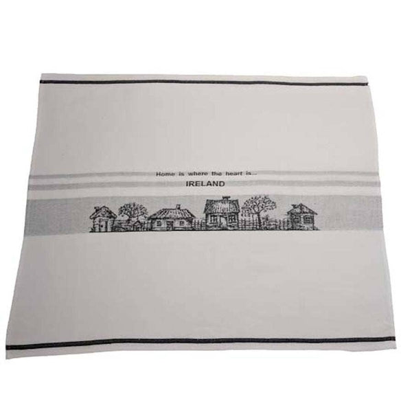 Irish Linen Gift Tea Towel: Black Stripe - Home is where the heart is