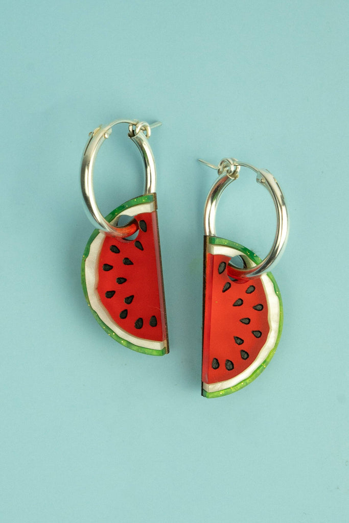 Watermelon Hoop Earrings: Pair Gold Coloured Stainless Steel 22mm Hoops