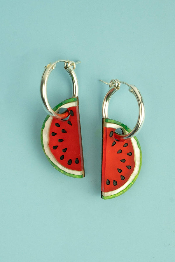 Watermelon Hoop Earrings: Pair Gold Coloured Stainless Steel 22mm Hoops