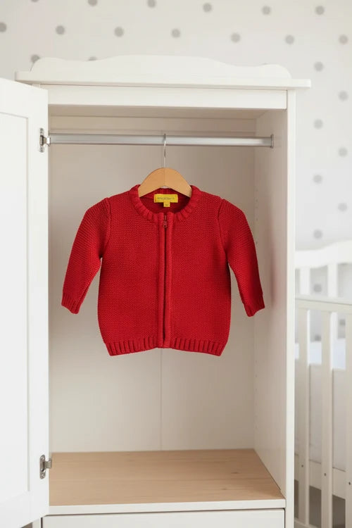 Red organic cotton zipped cardigan