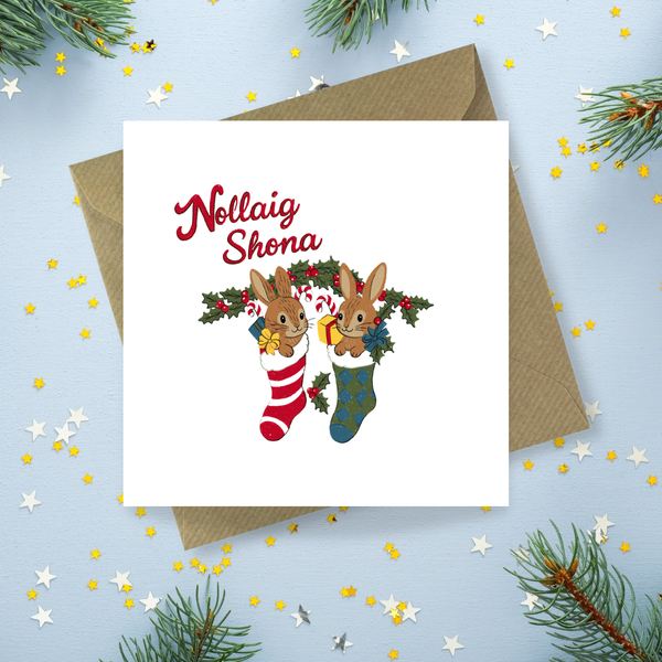 Vintage Style Nollaig Shona Bunnies Christmas Greetings Card