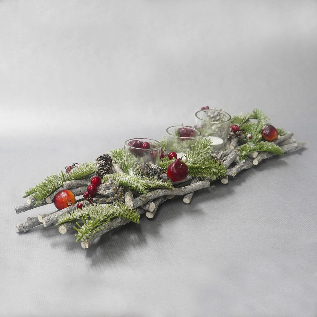 Christmas Table Centre With Pine, Red berries, Sticks and Snow