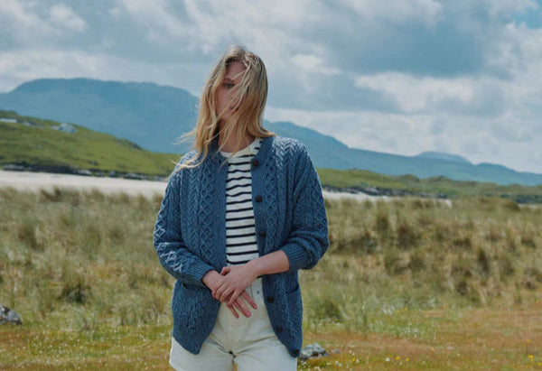 Aran Woollen Mills. Achill Island Ladies Aran Cardigan. Denim