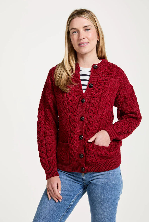 Aran Woollen Mills. Achill Island Ladies Aran Cardigan. Rich Red