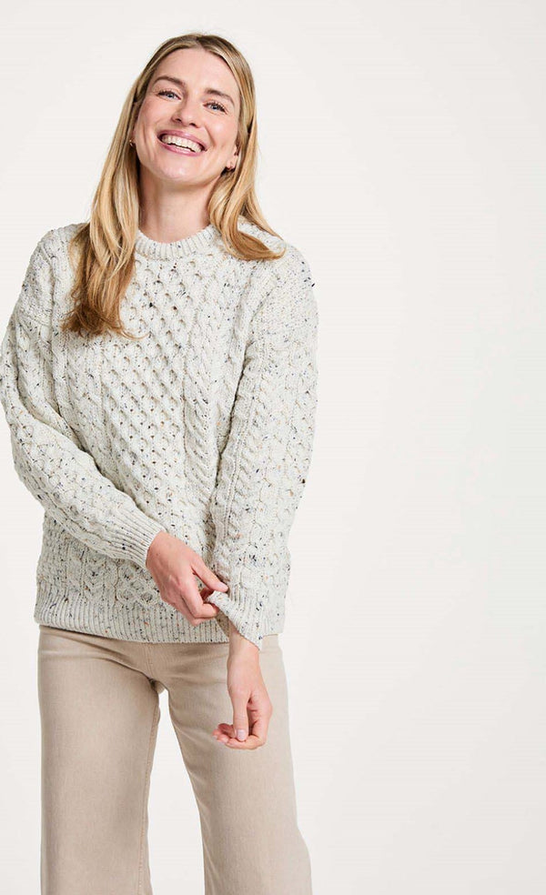Aran Woollen Mills 100% Merino Unisex Traditional Aran Sweater - Flecked Cream