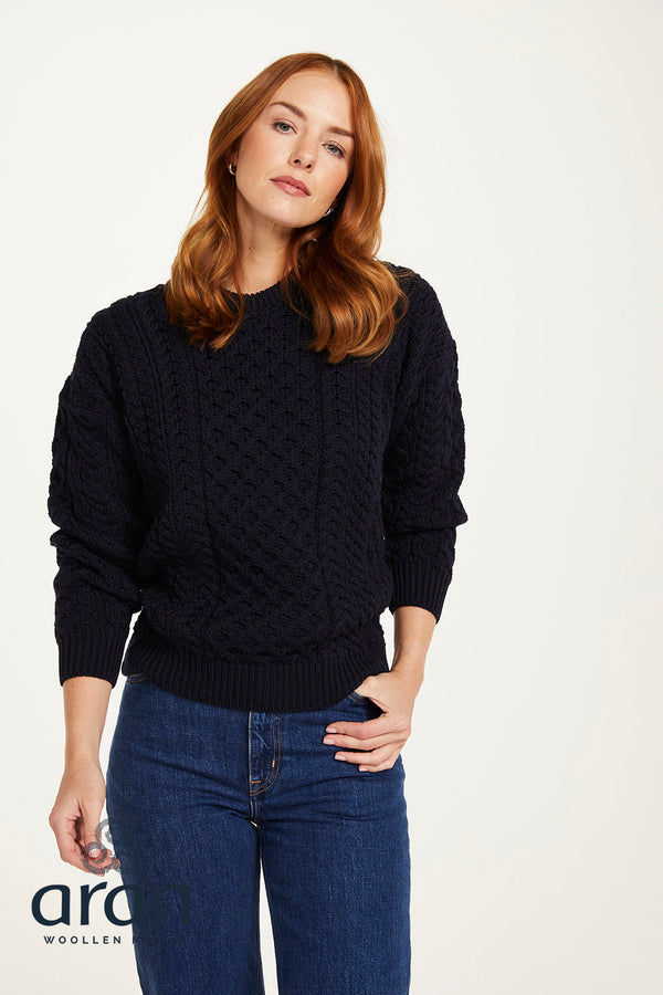 Aran Woollen Mills 100% Merino Unisex Traditional Aran Sweater - Navy