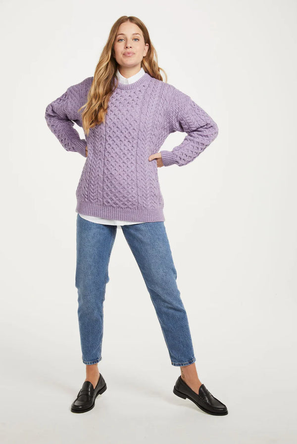 Aran Woollen Mills 100% Merino Inisheer Traditional Ladies Aran Sweater-Lavender