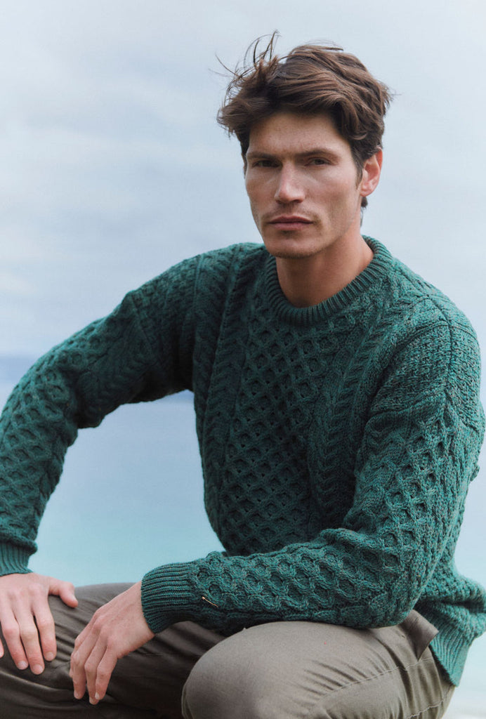 Aran Woollen Mills 100% Merino Unisex Traditional Aran Sweater - Teal / Green