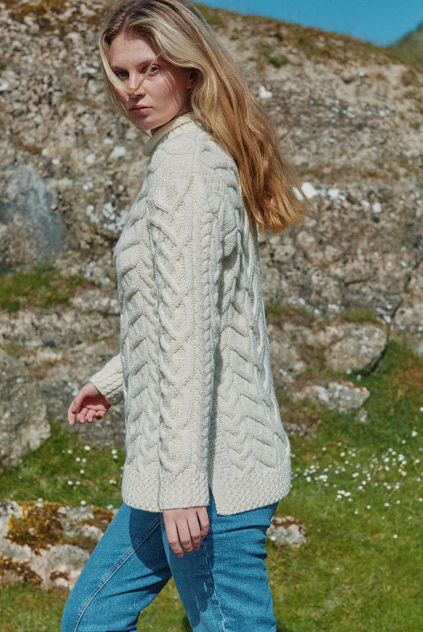 Aran Woollen Mills. Calla Aran Asymmetrical Pattern Sweater - Oat