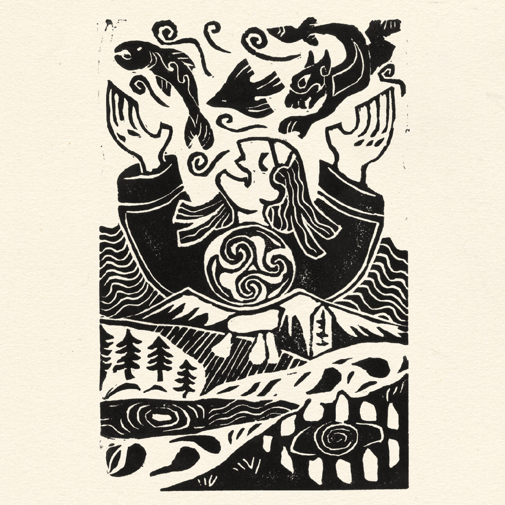 Jess Lila Wood Illustration. Lino Prints 'The giant of the Sperrins'