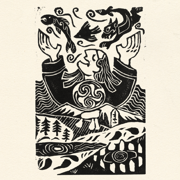 Jess Lila Wood Illustration. Lino Prints 'The giant of the Sperrins'