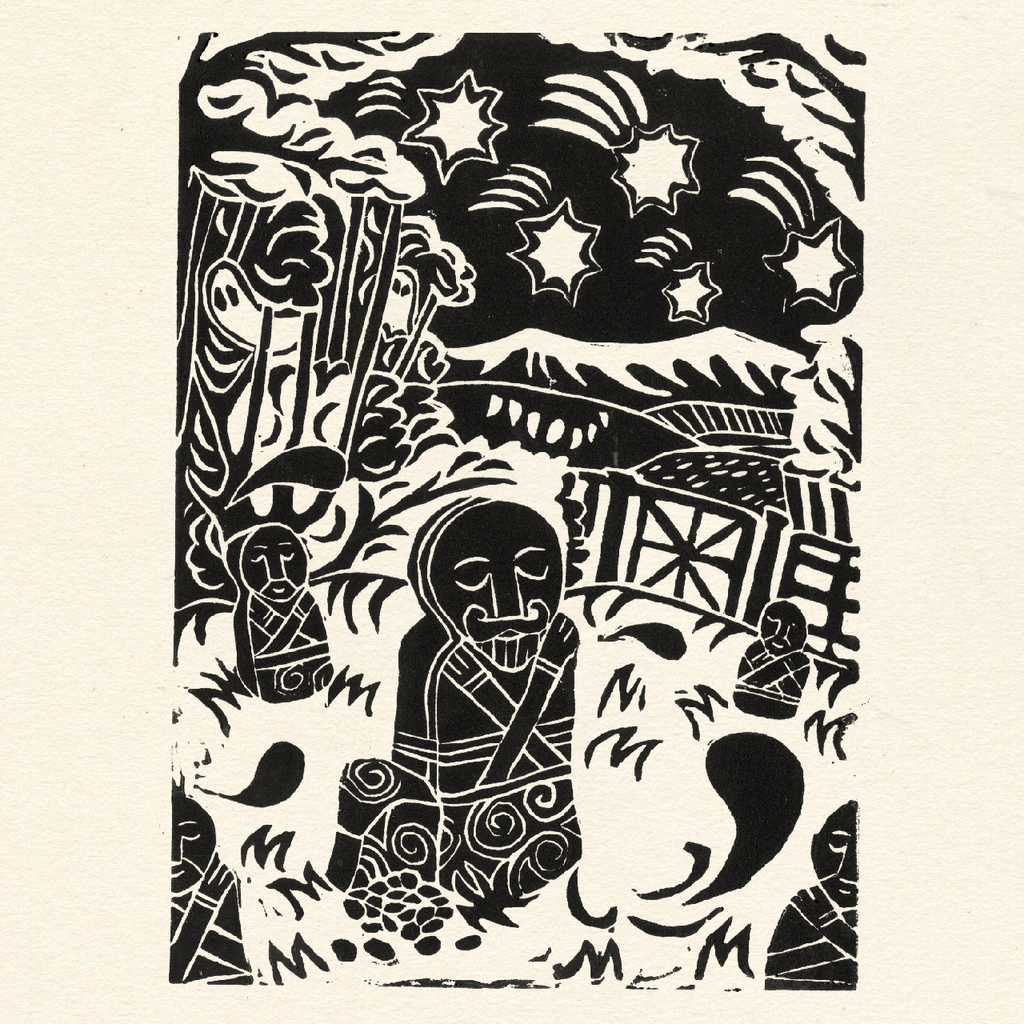 Jess Lila Wood Illustration. Lino Prints 'Janus Figures of Lough Erne'