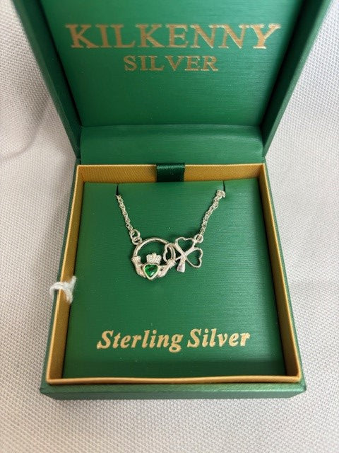 Kilkenny Silver - Claddagh Emerald Stone Necklace with Shamrock