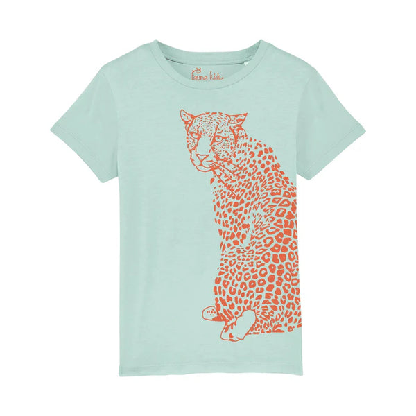 Fauna Organic Cotton Kids T-Shirt | Caribbean Blue & Coral Leopard