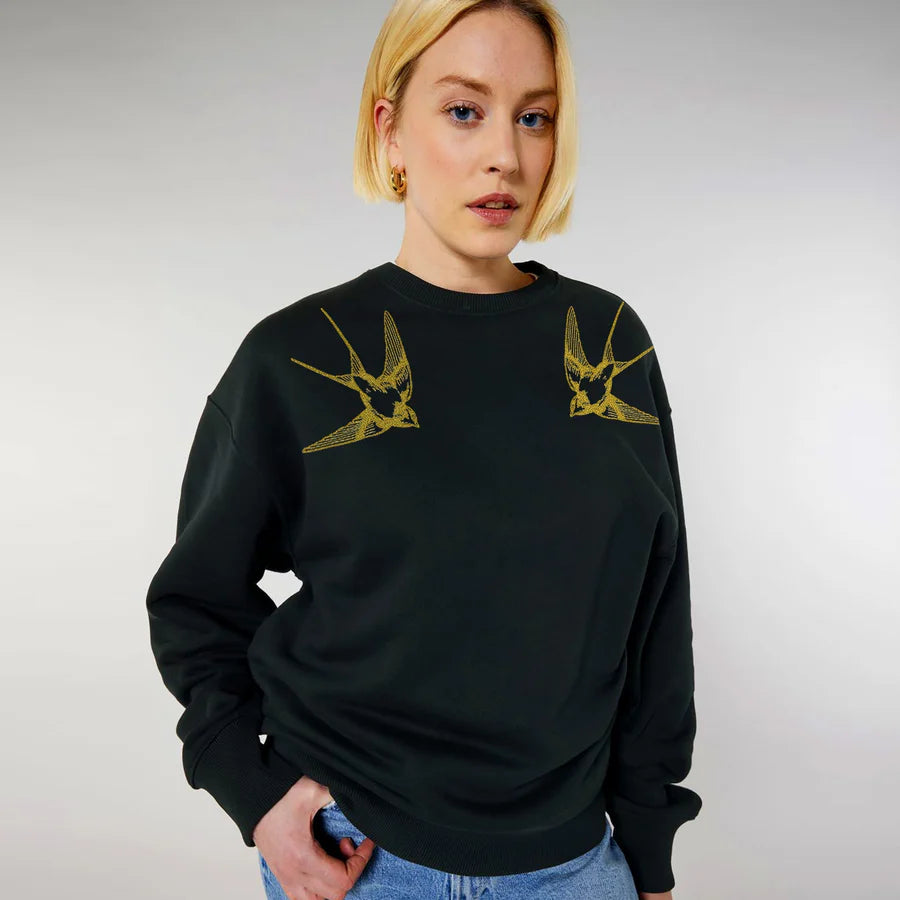 Fauna Oversized Graphic Sweatshirt | Gold swallows on black