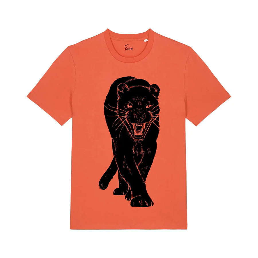 Fauna Organic Cotton Unisex T-shirt | Panther on Salsa Orange