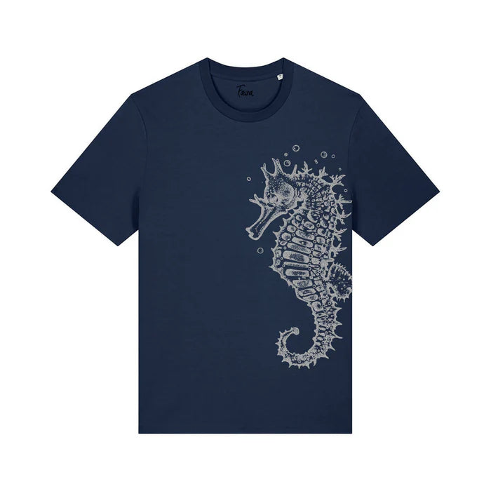 Fauna Organic Cotton Unisex T-shirt | Silver seahorse on navy