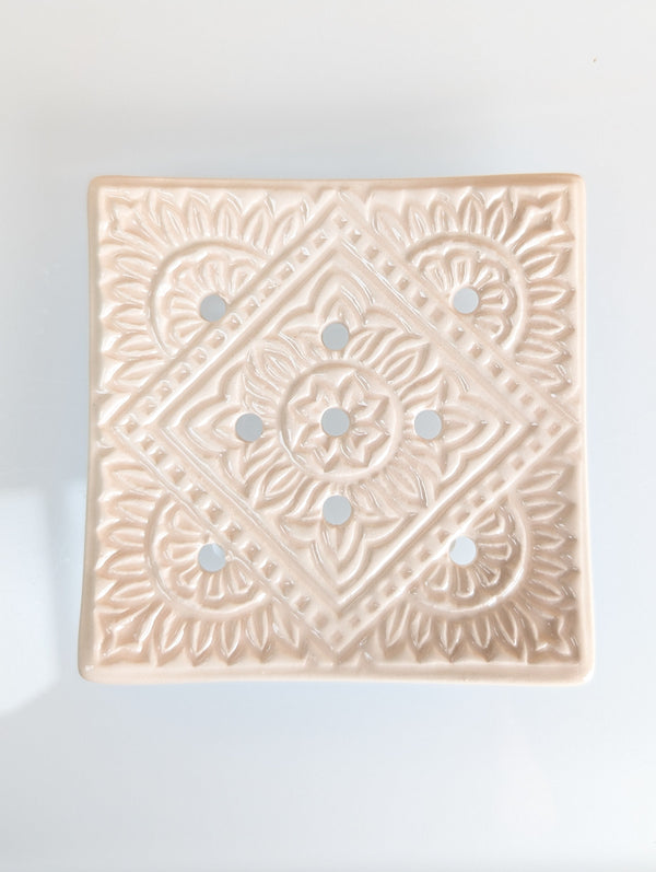 Maple Tree Pottery- Indian Design Soap Dish-Cream