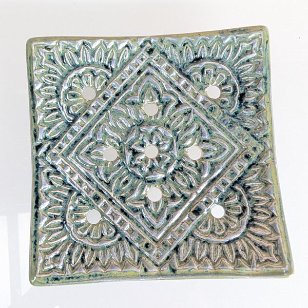 Maple Tree Pottery- Indian Design Soap Dish-Speckled Green