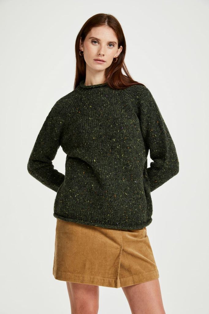 Aran Woollen Mills. Brackloon Tweed Roll Neck Ladies Sweater - Green