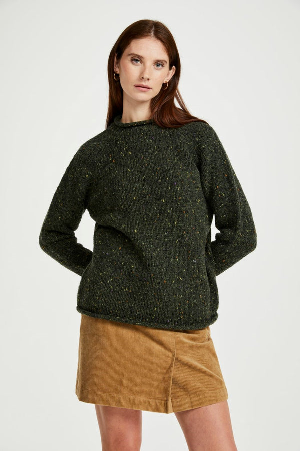 Aran Woollen Mills. Brackloon Tweed Roll Neck Ladies Sweater - Green