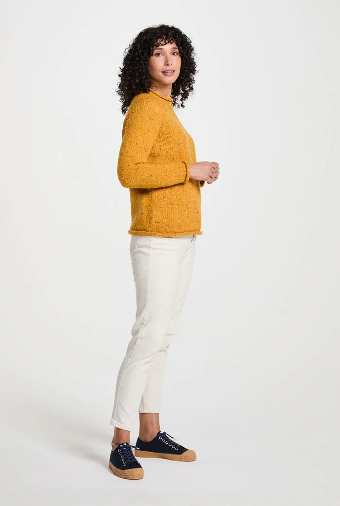Aran Woollen Mills. Brackloon Tweed Roll Neck Ladies Sweater - Yellow