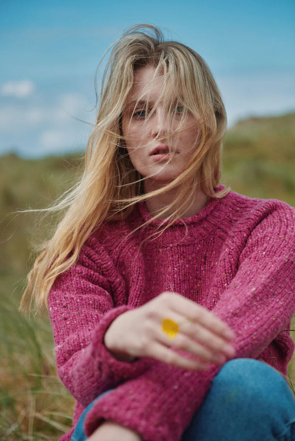 Aran Woollen Mills. Brackloon Tweed Roll Neck Ladies Sweater - Pink