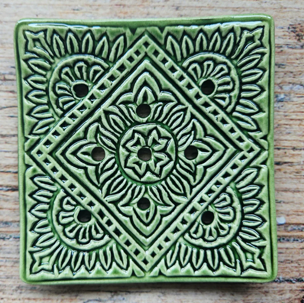 Maple Tree Pottery- Indian Design Soap Dish-Green