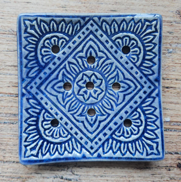Maple Tree Pottery- Indian Design Soap Dish-Blue