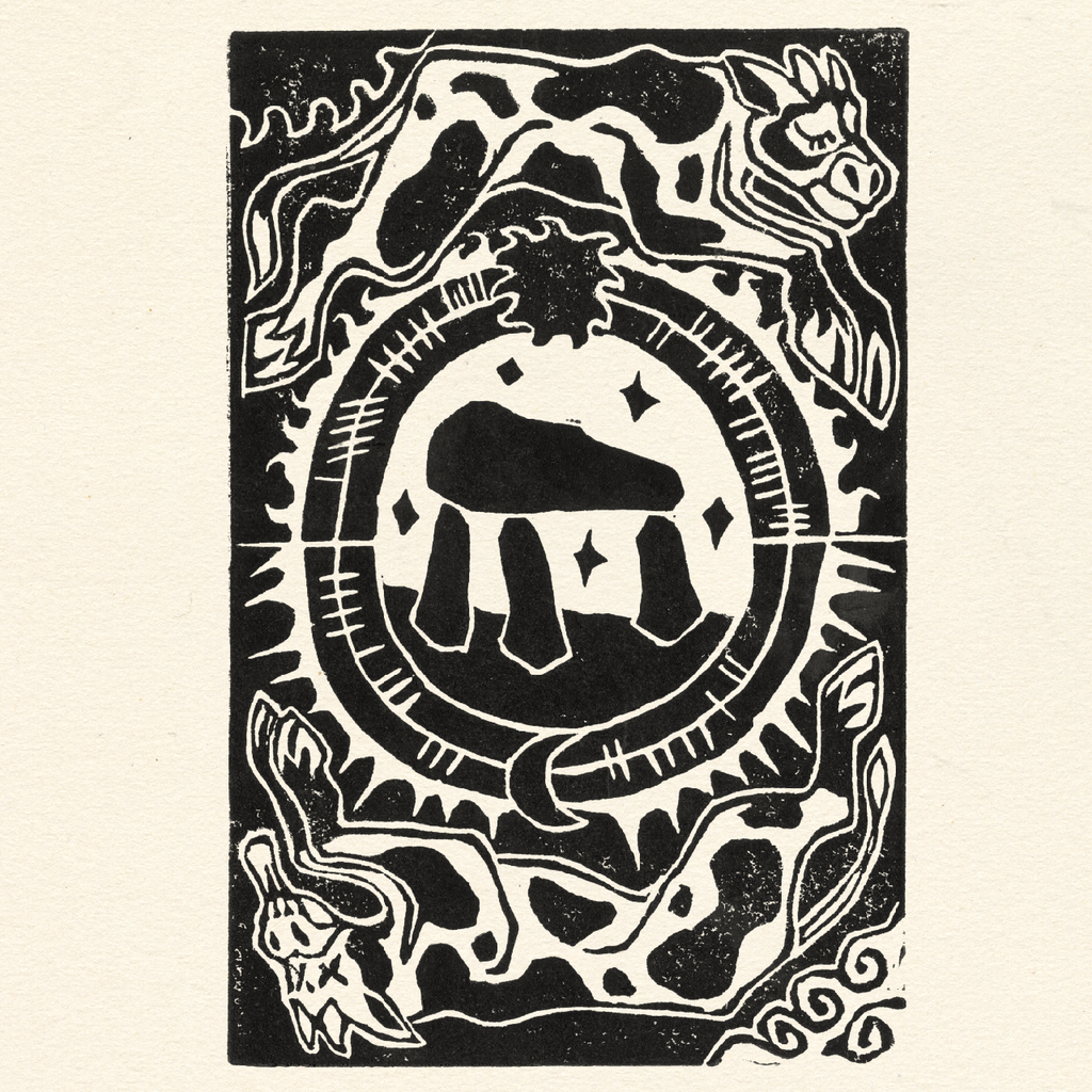 Jess Lila Wood Illustration. Lino Prints 'Take of the Brindled Cow'