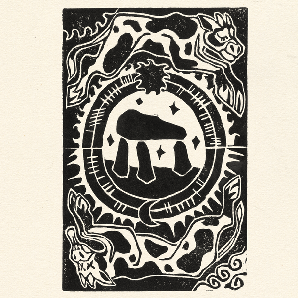Jess Lila Wood Illustration. Lino Prints 'Take of the Brindled Cow'