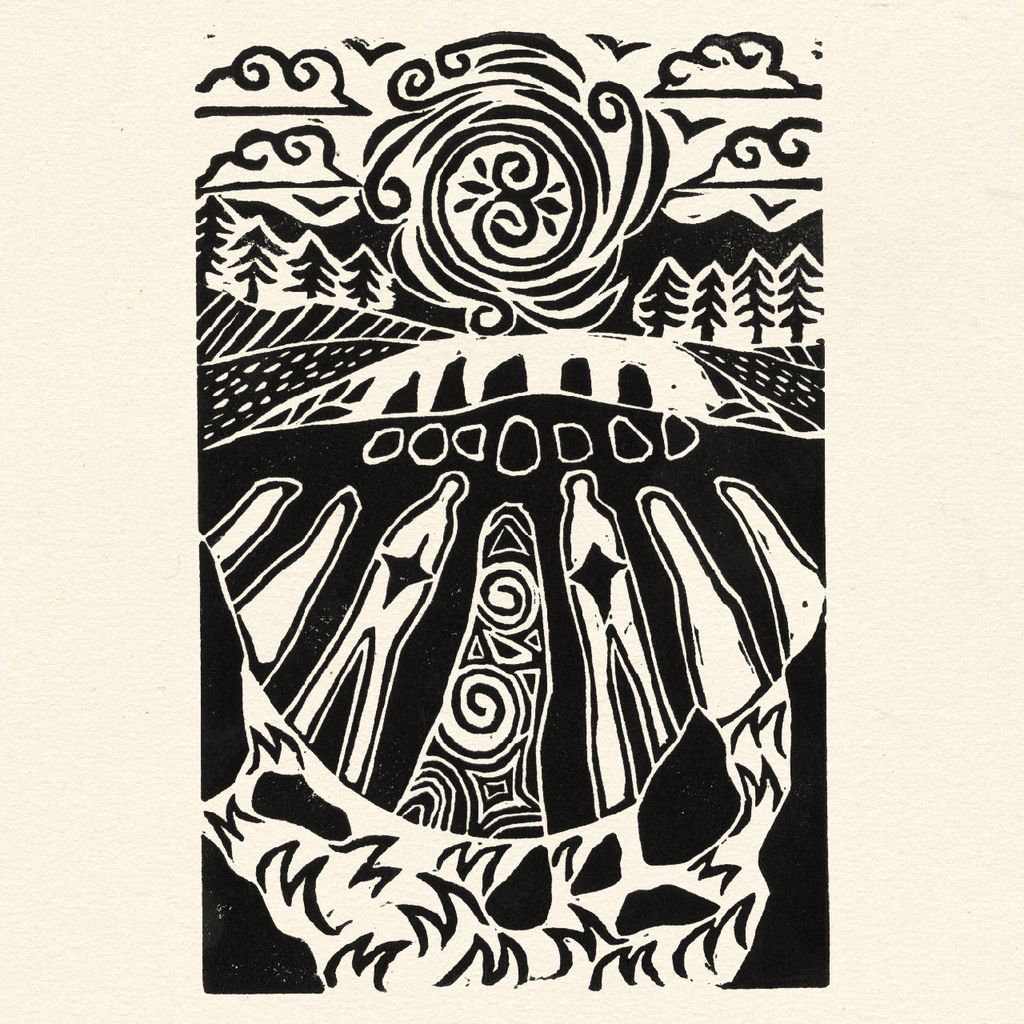 Jess Lila Wood Illustration. Lino Prints 'The Beaghmore Stones Portal'