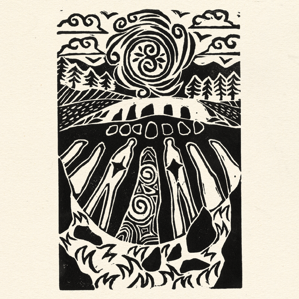 Jess Lila Wood Illustration. Lino Prints 'The Beaghmore Stones Portal'