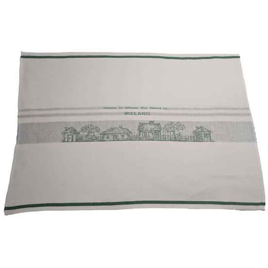 Irish Linen Gift Tea Towel: Green Stripe - Home is where the heart is