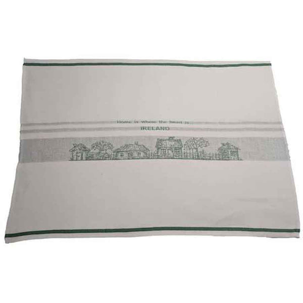 Irish Linen Gift Tea Towel: Green Stripe - Home is where the heart is