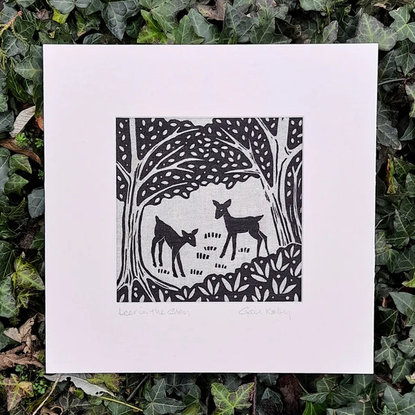 Algan Arts. Irish Linen Print. Deer in the garden