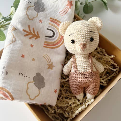 Muslin Blanket and Crochet Teddy Baby Gift Box