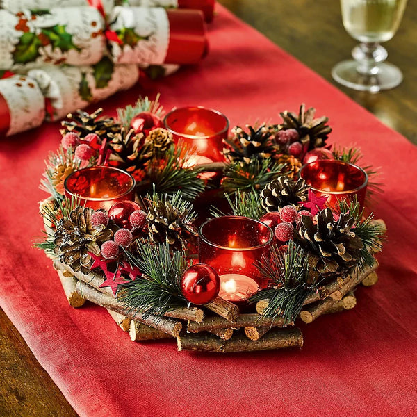Christmas Table Centre With Red Berry, Pine And Cone