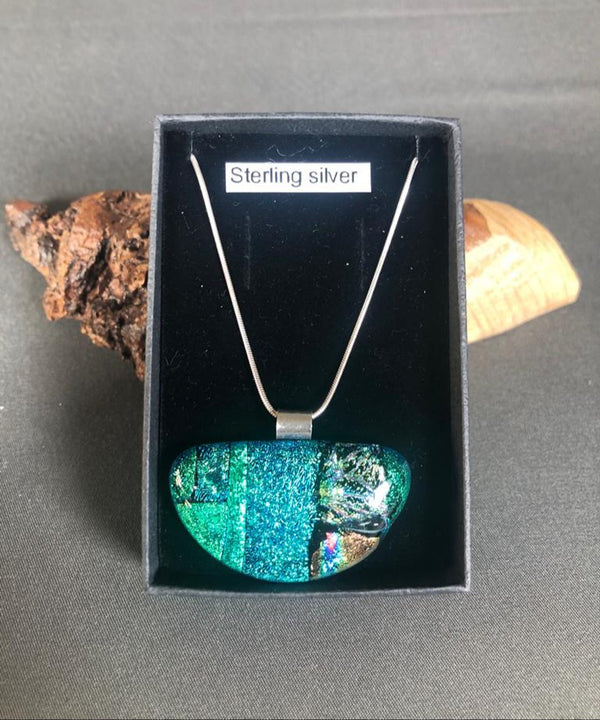 Natasha Duddy Glass Design Half Moon Pendant Teal, Green and Grey Tones