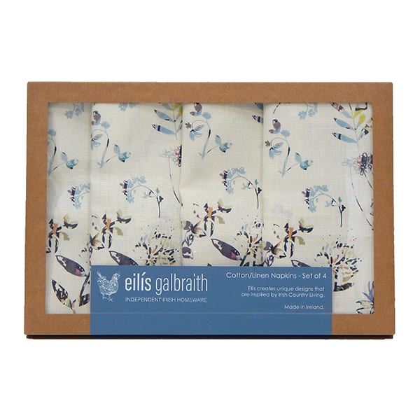 Eilís Galbraith Designs White Floral Natural Irish Linen Set of 4 Table Napkins